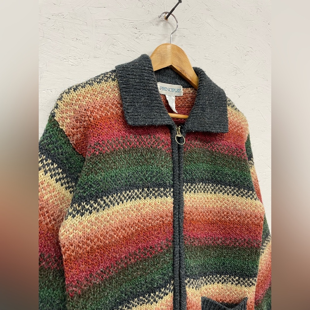 Vintage The Bay x Principles Colourful Wool Blend Zip-Up Cardigan Sweater, S